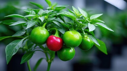 Vibrant Green Chili Peppers Ripening on Bush with Dew Drops in Soft Light
