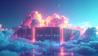 Obraz premium Futuristic cloud computing concept illustration with glowing blue global technology under night sky