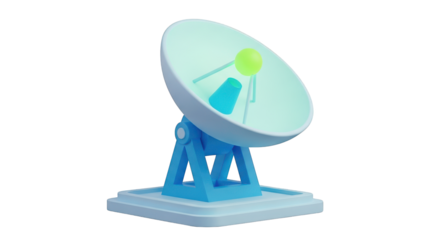 3D Rendered Satellite Dish with Blue Base and Green Sphere isolated on a transparent background