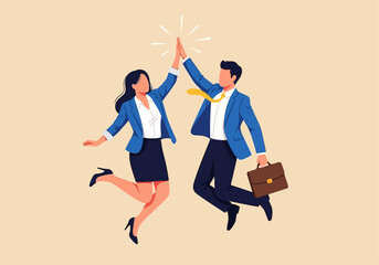 Two business professionals joyfully leap into the air, celebrating a successful collaboration with an energetic high-five.