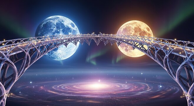 Fantasy bridge connecting two moons in a vibrant cosmos offers a stunning journey to another world with aurora and galaxy views, a magical vista