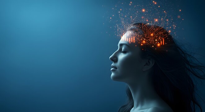 Woman's Mind Thinking New Ideas Generating Connections With Digital Sparks