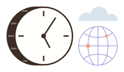 Analog clock beside globe with location points and cloud. Ideal for time management, global teamwork, online collaboration, geography, connectivity, virtual meetings, data sharing. Simple flat