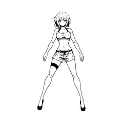 Black and white hot anime character line art illustration, stylish minimal outline drawing in clean style