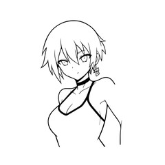 Black and white hot anime character line art illustration, stylish minimal outline drawing in clean style