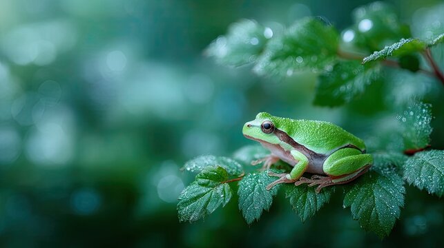 Vibrant Green Tree Frog Perched on Dew Covered Leaf in a Cinematic Macro Shot with an Hdr Effect Displaying Lush Greenery