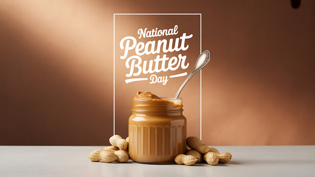 A jar of peanut butter with a spoon and peanuts on a table, celebrating National Peanut Butter Day
