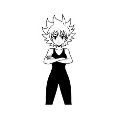 Black and white hot anime character line art illustration, stylish minimal outline drawing in clean style