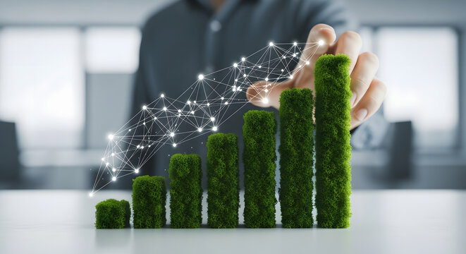 A person in a blurred office background interacts with a green bar graph on a white table with a network of glowing connections rising above it.