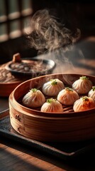 Freshly steamed Chinese soup dumplings (xiaolongbao) in bamboo steamer