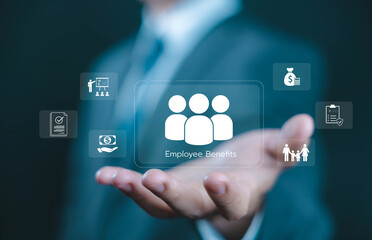 Businessman presenting employee benefits icons such as salary, insurance, training, and family care, symbolizing corporate welfare, HR management, and workplace support for professional growth.