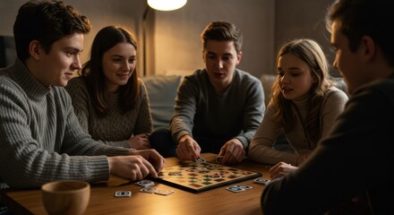 Board game night fun cozy living room group of friends indoor activity engaging atmosphere
