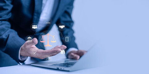 Businessman with justice scales and legal icons, symbolizing corporate law, compliance, and digital governance. Perfect for illustrating regulations, legal advice, and professional ethics.
