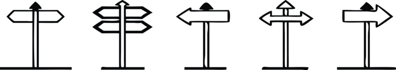 Simple directional signpost icons set .Directional signpost icon with arrows pointing in opposite ways for a choice between different paths or a strategic business decision vector solid glyph icon