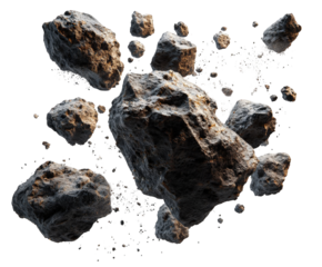 A collection of dark, rough asteroids and space debris floating in space, isolated on transparent background