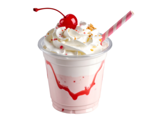Milkshake in plastic take away cup, top with whip cream and cherry on transparent png