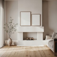 Fototapeta premium Two mockup poster frames above modern minimalist fireplace in Scandinavian living room interior with cozy sofa, natural wooden floor, ceramic vase with plant