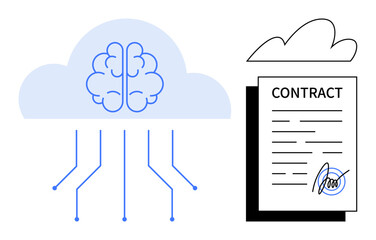 Cloud with AI brain emitting data lines beside signed contract in simple flat style. Ideal for technology, artificial intelligence, legal tech, digital documentation, innovation, automation