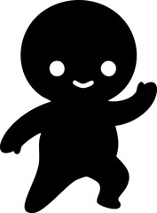 Digital art: A cheerful, black silhouette of a cartoonish, round-headed figure waves, isolated on a white background, creating a friendly, minimalist, and inviting mood.
