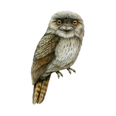 Tawny frogmouth realistic vintage style hand drawn illustration isolated on white background. Podargus strigoides Australian wildlife nocturnal bird