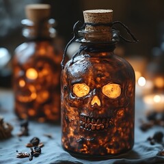 Halloween skull-shaped decorative glass bottles, lit from within