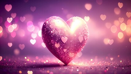 Sparkling heart symbol on purple and pink bokeh background with gentle light