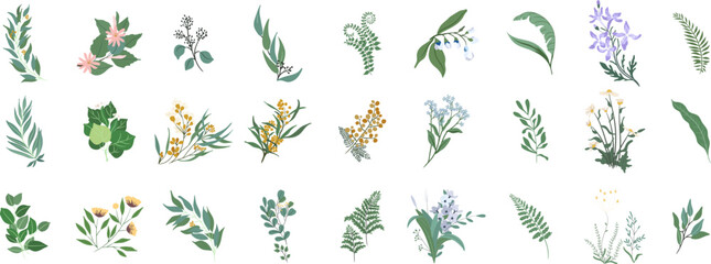Elegant floral leaf icons collection in modern vector style. Ideal for nature-themed designs, botanical patterns, eco-friendly branding, invitations, packaging, and decorative artwork.