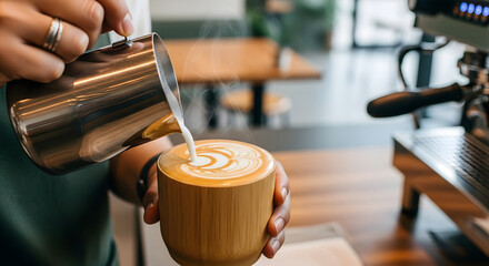 Pouring Milk into Coffee Cup to Create Latte Art in Cafe Setting