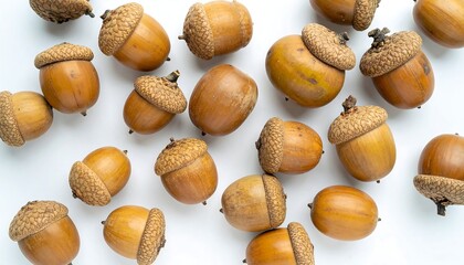 Scattered acorns on white backdrop