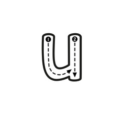 Learning how to write the lowercase letter 'u' with an easy-to-follow stroke order guide, perfect for educational handwriting practice and alphabet development