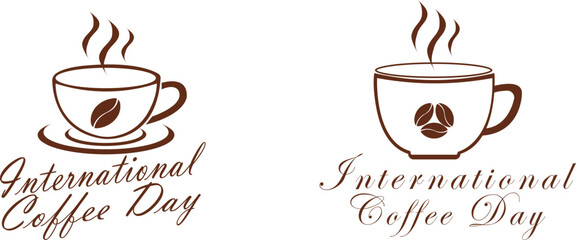 International Coffee Day Icon set. Vector with steaming cup and coffee bean icon in brown on white background. Celebrate International Coffee Day with a warm, steaming cup of coffee.