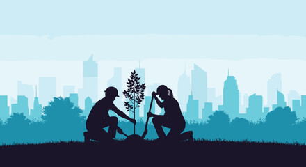 Two people planting a tree in front of a city skyline and trees.