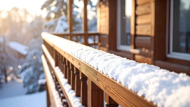 Snowy wooden deck railing winter scene