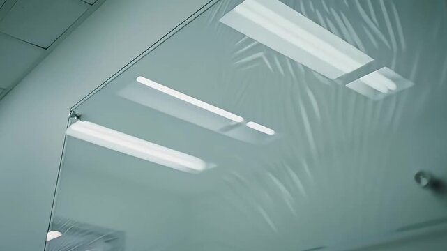Close-up shot of a white ceiling with fluorescent lights and shadows from outside.