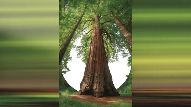 A towering redwood tree with a massive trunk and lush green canopy, viewed from below in a forest setting.