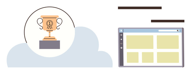 Trophy with award ribbon on cloud symbolizing success and achievement, next to a dashboard screen. Ideal for recognition, business goal, excellence, leadership, performance, analytics, motivation