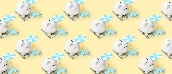 Obraz premium Piggy bank with money and beach accessories on pale yellow background. Concept of savings for travel