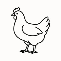 Cartoon chicken illustration in black line art style  