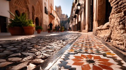 Cobblestone street with mosaic detail in a Spanish town.
