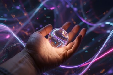 Close up of a human hand holding a glowing crystal ball surrounded by vibrant neon light trails and abstract glowing particles in a dark mystical and futuristic atmosphere
