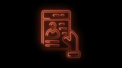 Neon style animated business card in hand showing contact information details