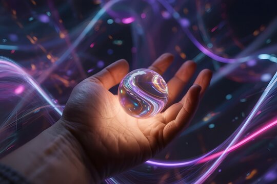 Close up of a human hand holding a glowing crystal ball surrounded by vibrant neon light trails and abstract glowing particles in a dark mystical and futuristic atmosphere