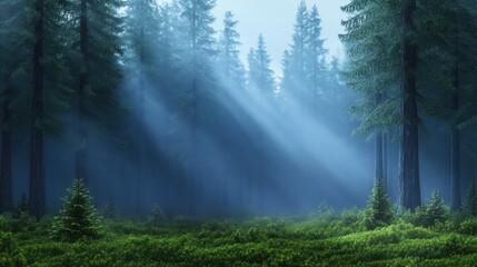 Misty woodland scene with sunlight breaking through pine trees, great for relaxation and serenity