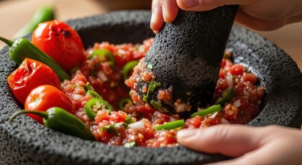 Preparation of traditional Mexican salsa using a molcajete and tejolote for authentic flavor