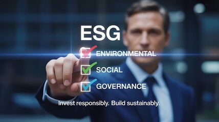 Businessman selecting E S G criteria suit touching