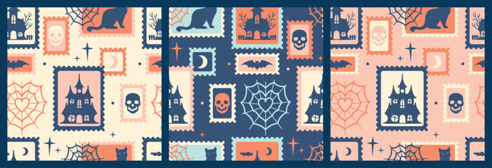 Pastel seamless Halloween postage stamps pattern featuring haunted houses, cats, skulls and spiderwebs. Light retro background for fabric, stationery, packaging and seasonal decor.