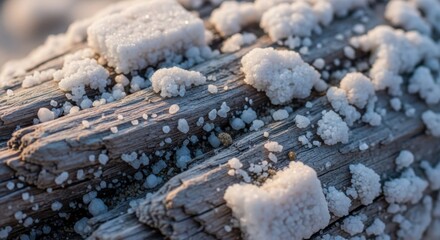 Detailed macro shot capturing crystallized mineral deposits adhering to weathered driftwood surface