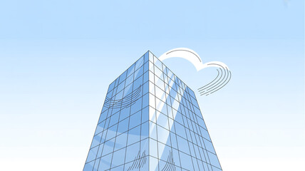 Modern glass skyscraper with a cloudshaped vapor trail, symbolizing cloud computing and innovation, isolated on white background