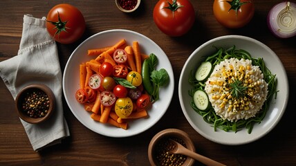 Healthy freshly prepared dishes with colorful vegetables and grains served top view