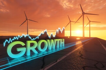 Renewable energy wind turbines at sunset with a glowing growth chart symbolizing economic expansion and sustainable development in the green economy